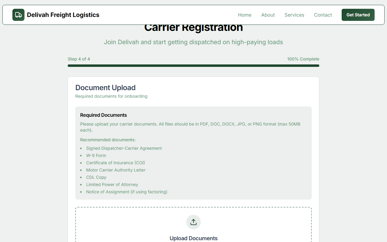 Carrier registration — document upload — screenshot from the original project