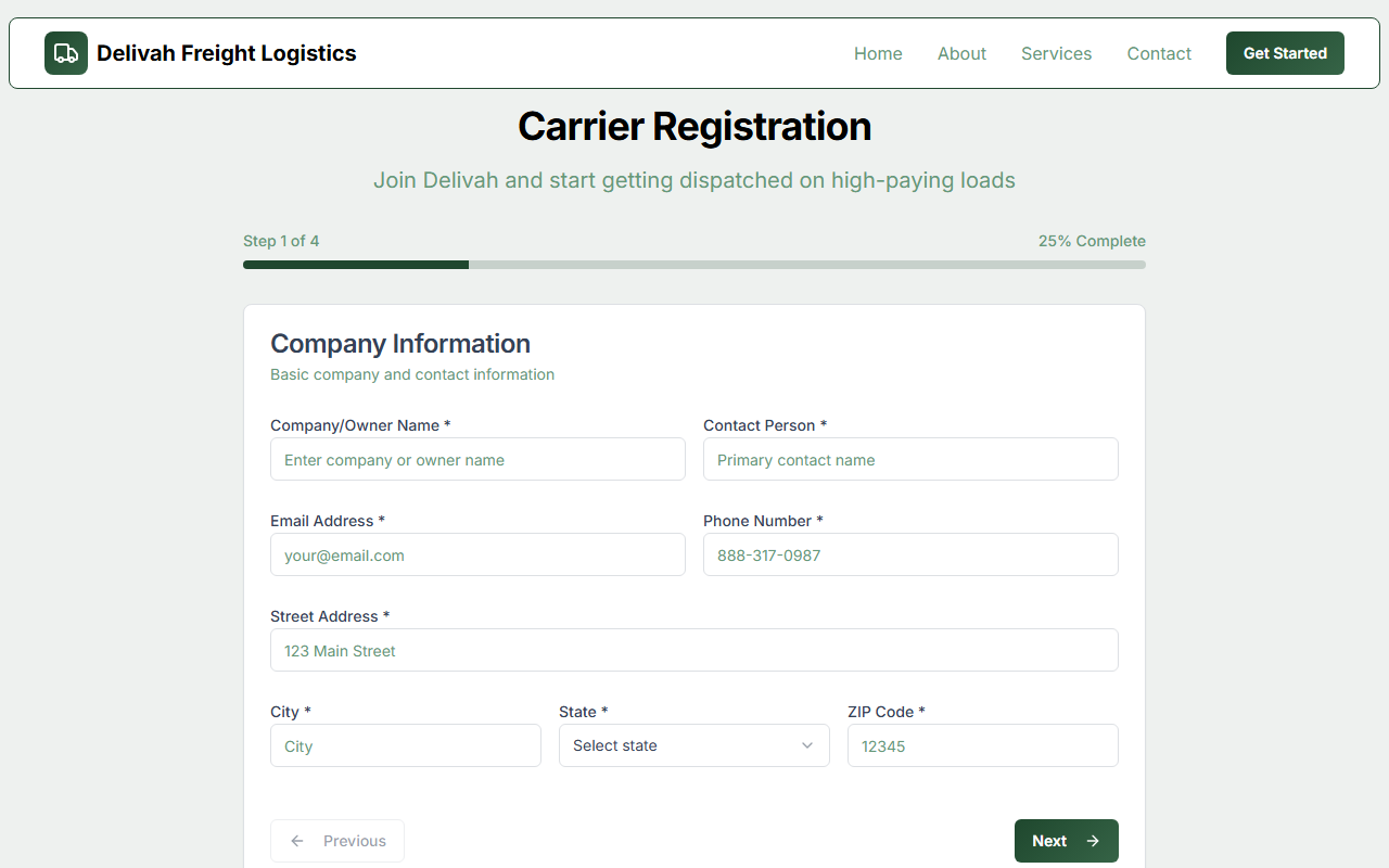 Carrier registration — company information — screenshot from the original project