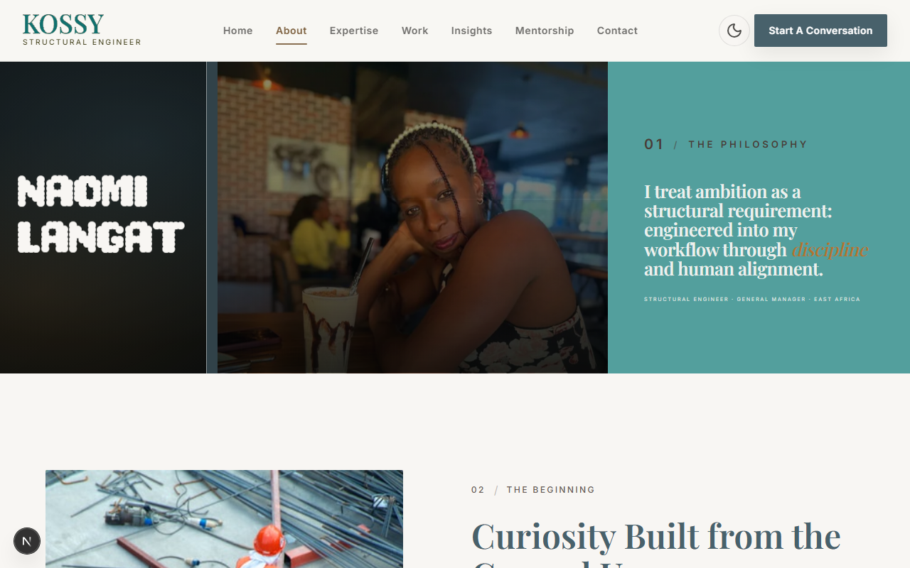 About page — identity and values — screenshot from the original project